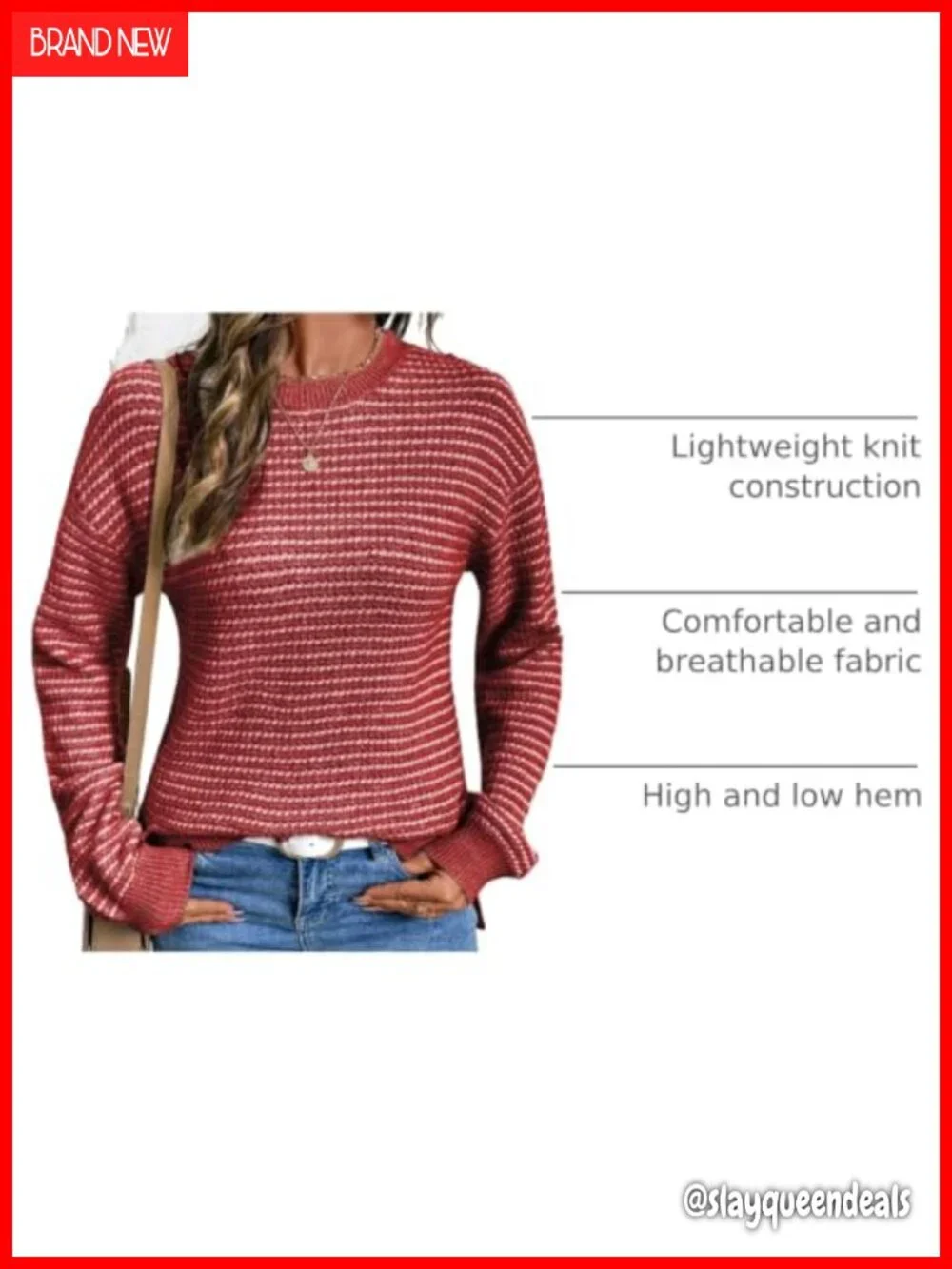 Women's Long Sleeve Crewneck Striped Side Split Pullover Sweater